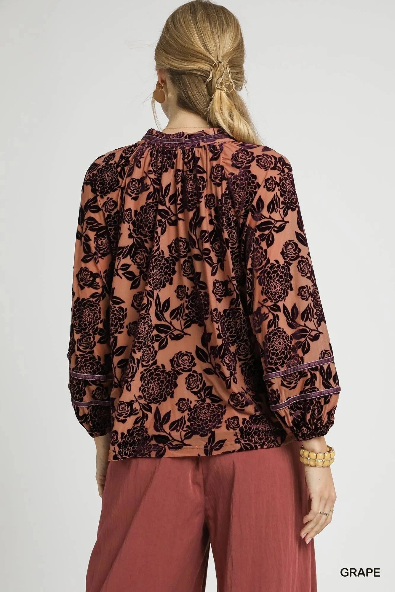 Umgee Floral Velvet Blouse with Balloon Sleeves - ShalayeFashion