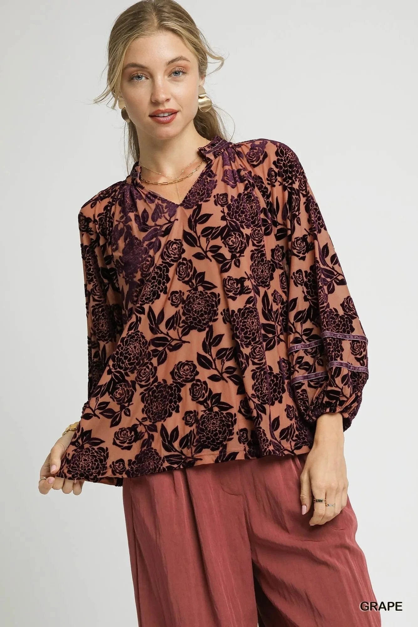 Umgee Floral Velvet Blouse with Balloon Sleeves - ShalayeFashion