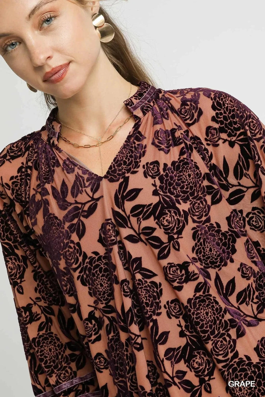 Umgee Floral Velvet Blouse with Balloon Sleeves - ShalayeFashion