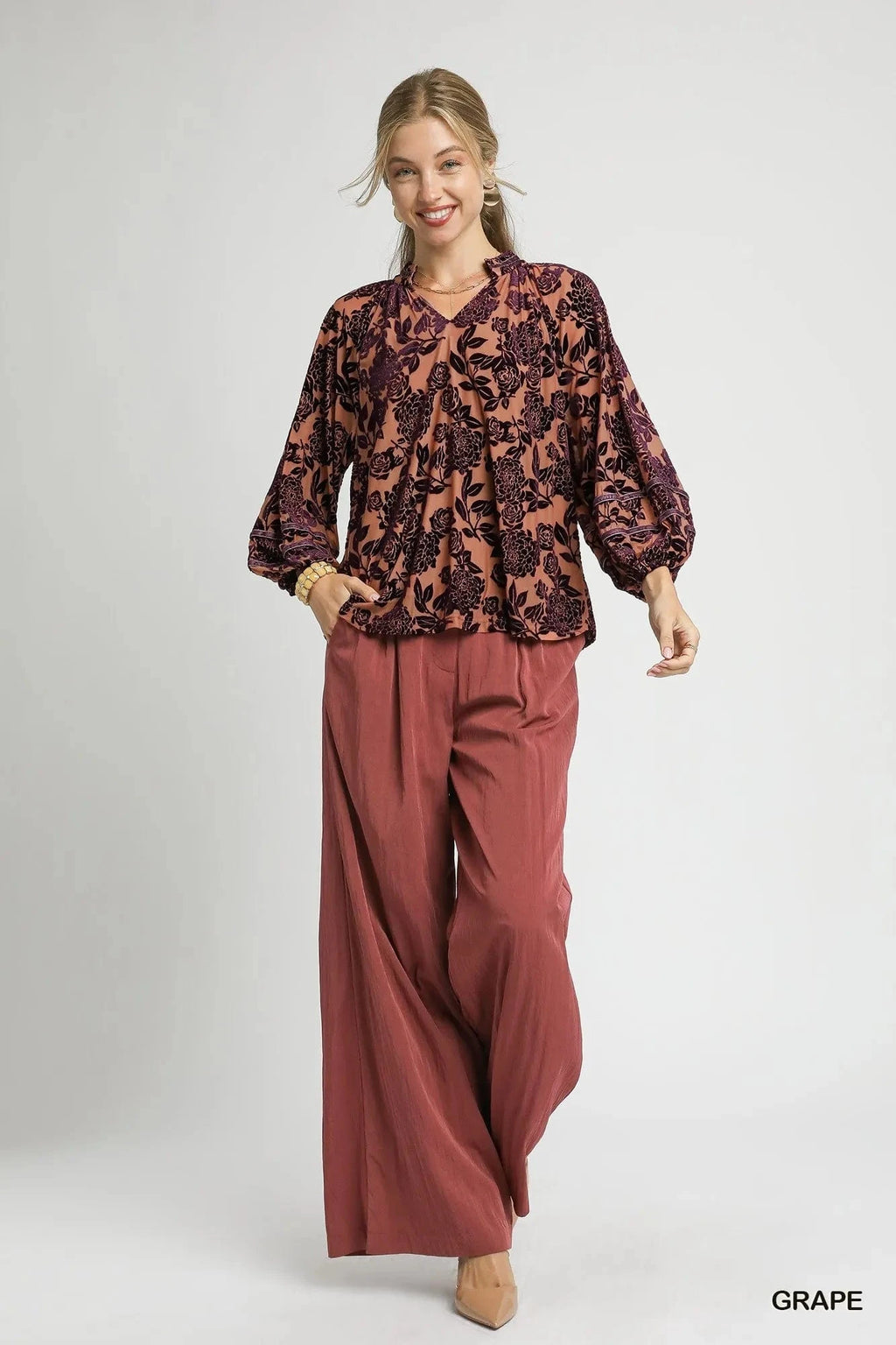 Umgee Floral Velvet Blouse with Balloon Sleeves - ShalayeFashion