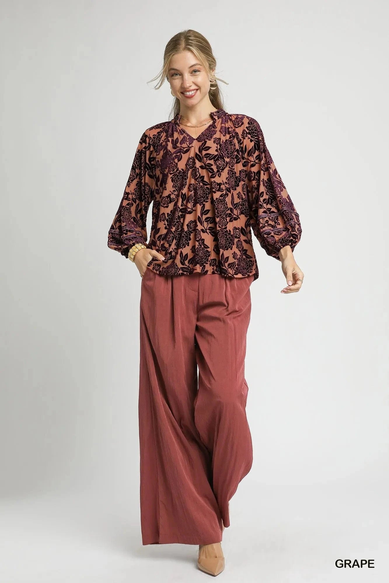 Umgee Floral Velvet Blouse with Balloon Sleeves - ShalayeFashion