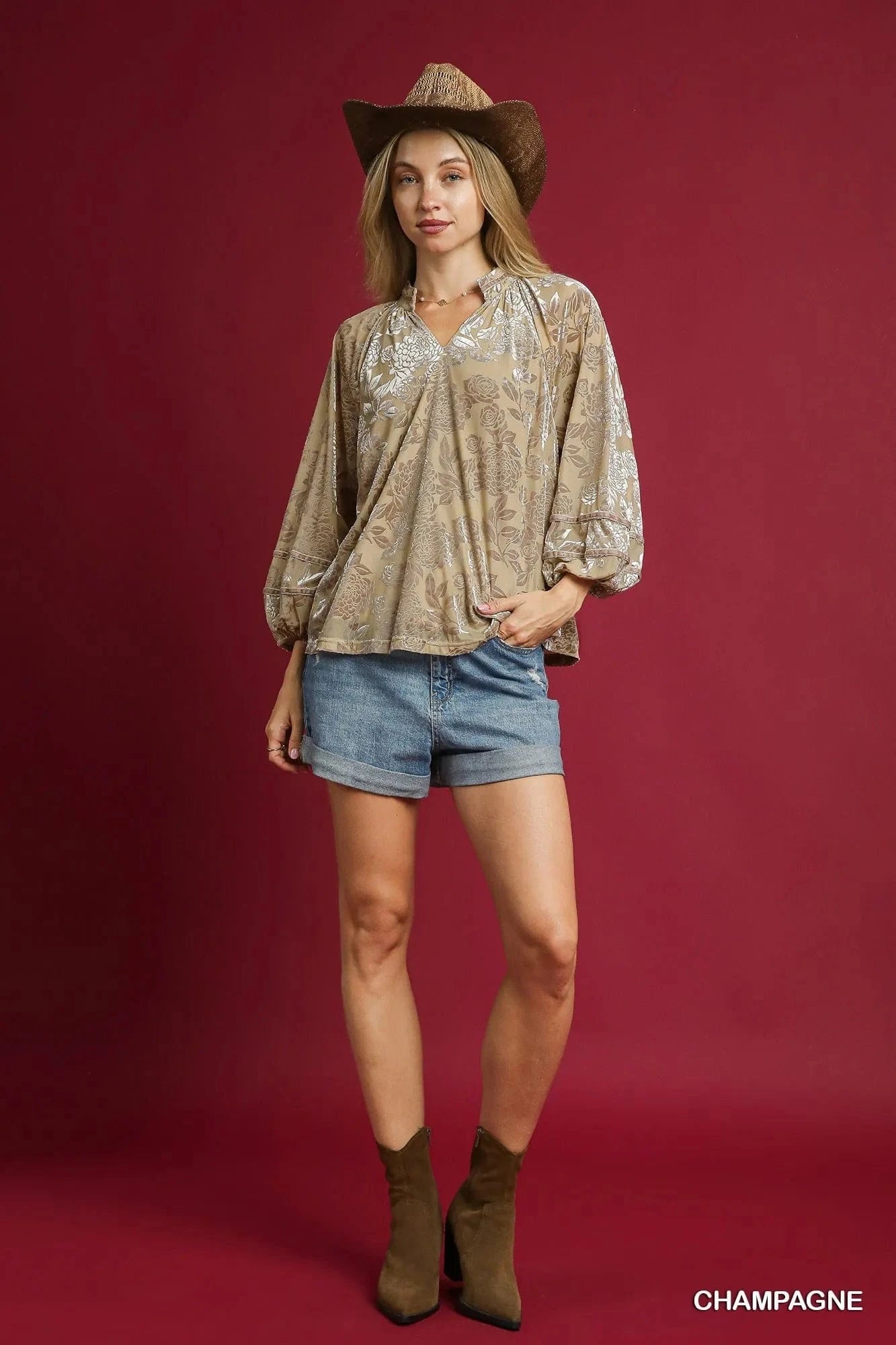 Umgee Floral Velvet Blouse with Balloon Sleeves - ShalayeFashion