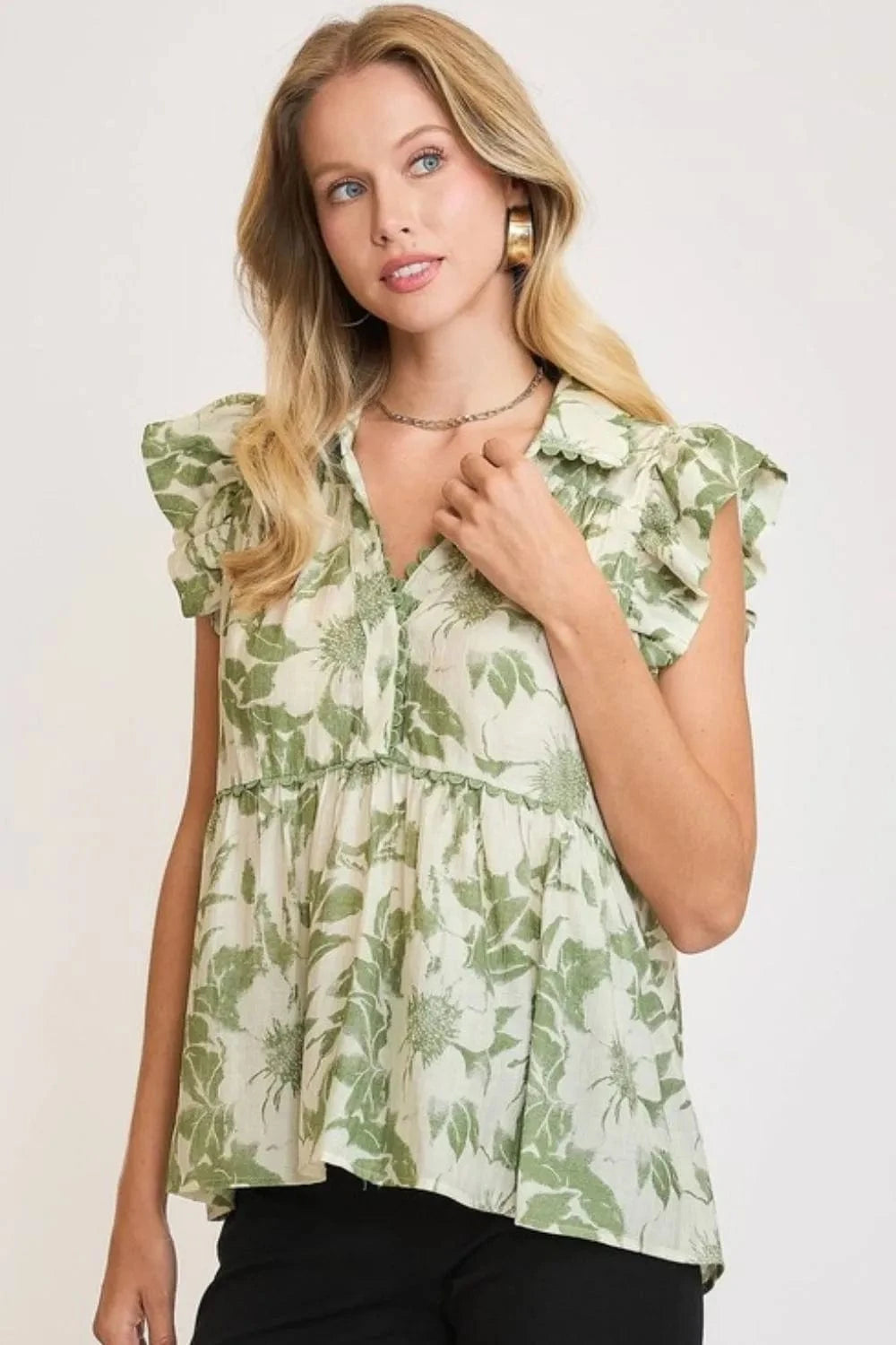 Umgee Full Size Botanical Print Babydoll Top Plus Size - ShalayeFashion