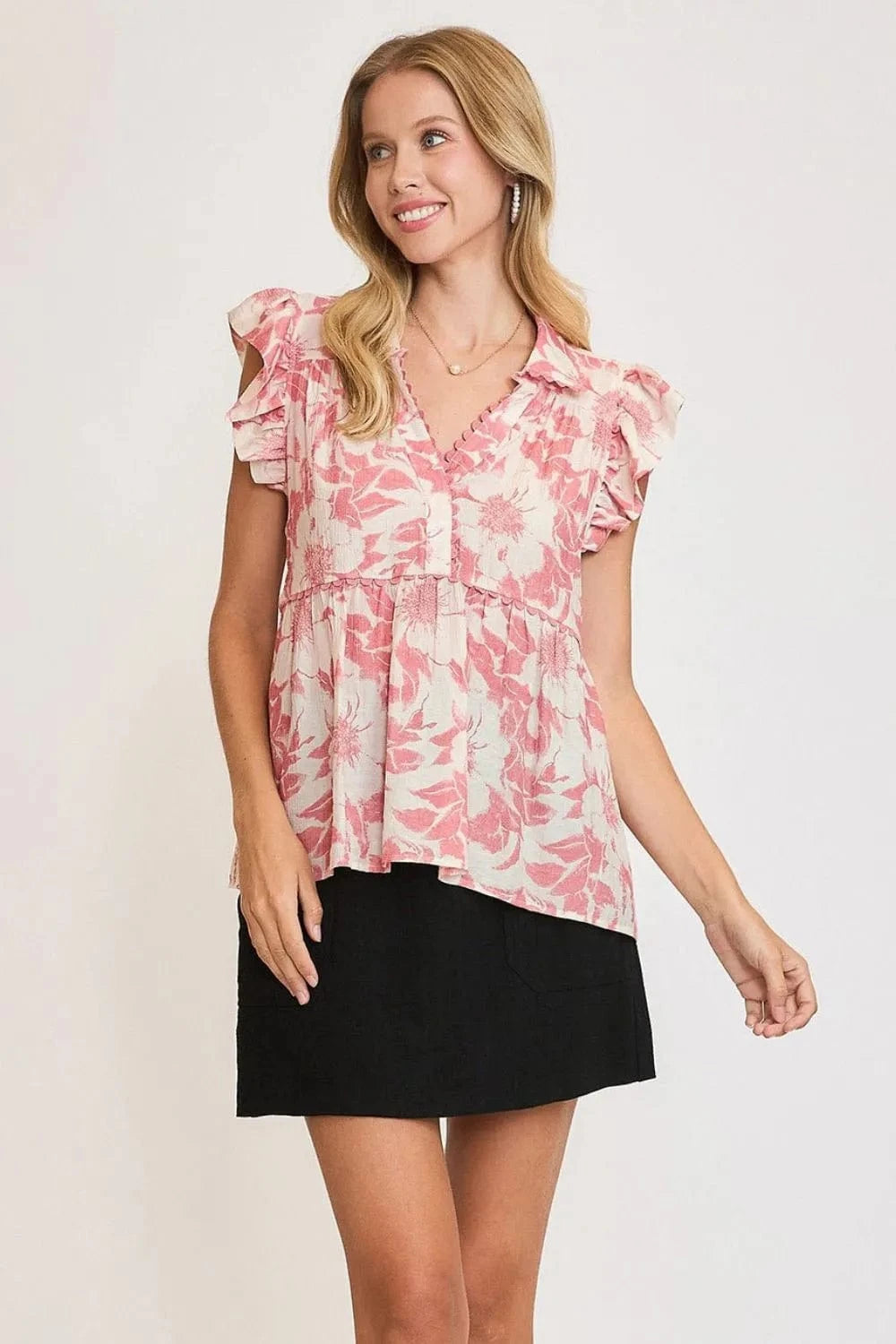 Umgee Full Size Botanical Print Babydoll Top Plus Size - ShalayeFashion