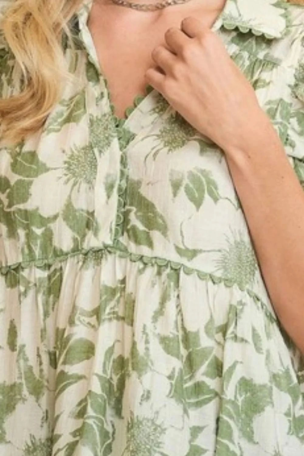 Umgee Full Size Botanical Print Babydoll Top Plus Size - ShalayeFashion
