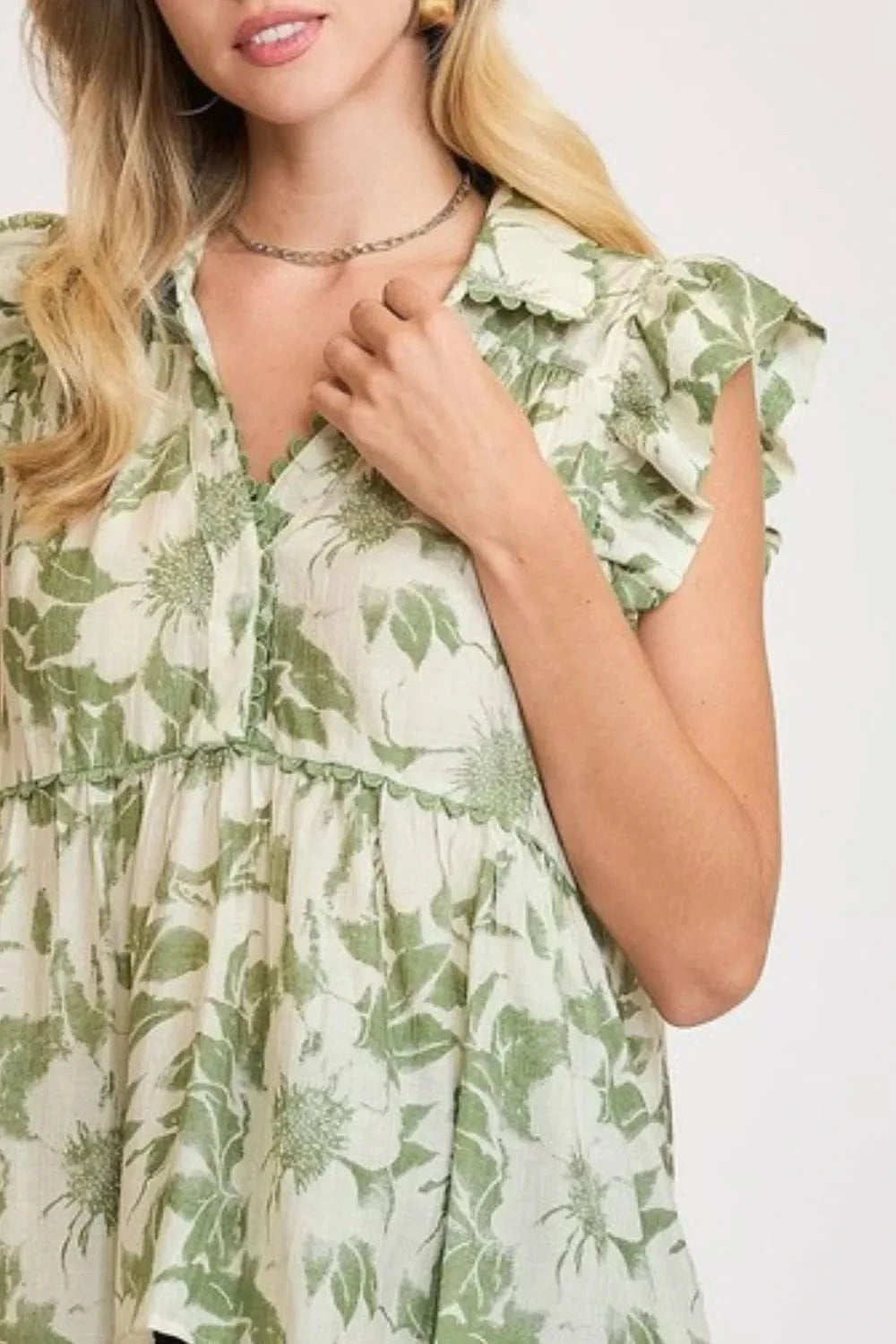 Umgee Full Size Botanical Print Babydoll Top Plus Size - ShalayeFashion