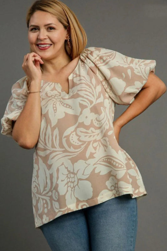 Umgee Full Size Boxy Cut Split Neck Floral Print Top Plus Size - ShalayeFashion
