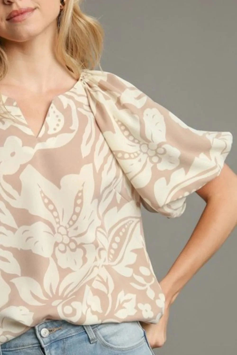 Umgee Full Size Boxy Cut Split Neck Floral Print Top Plus Size - ShalayeFashion