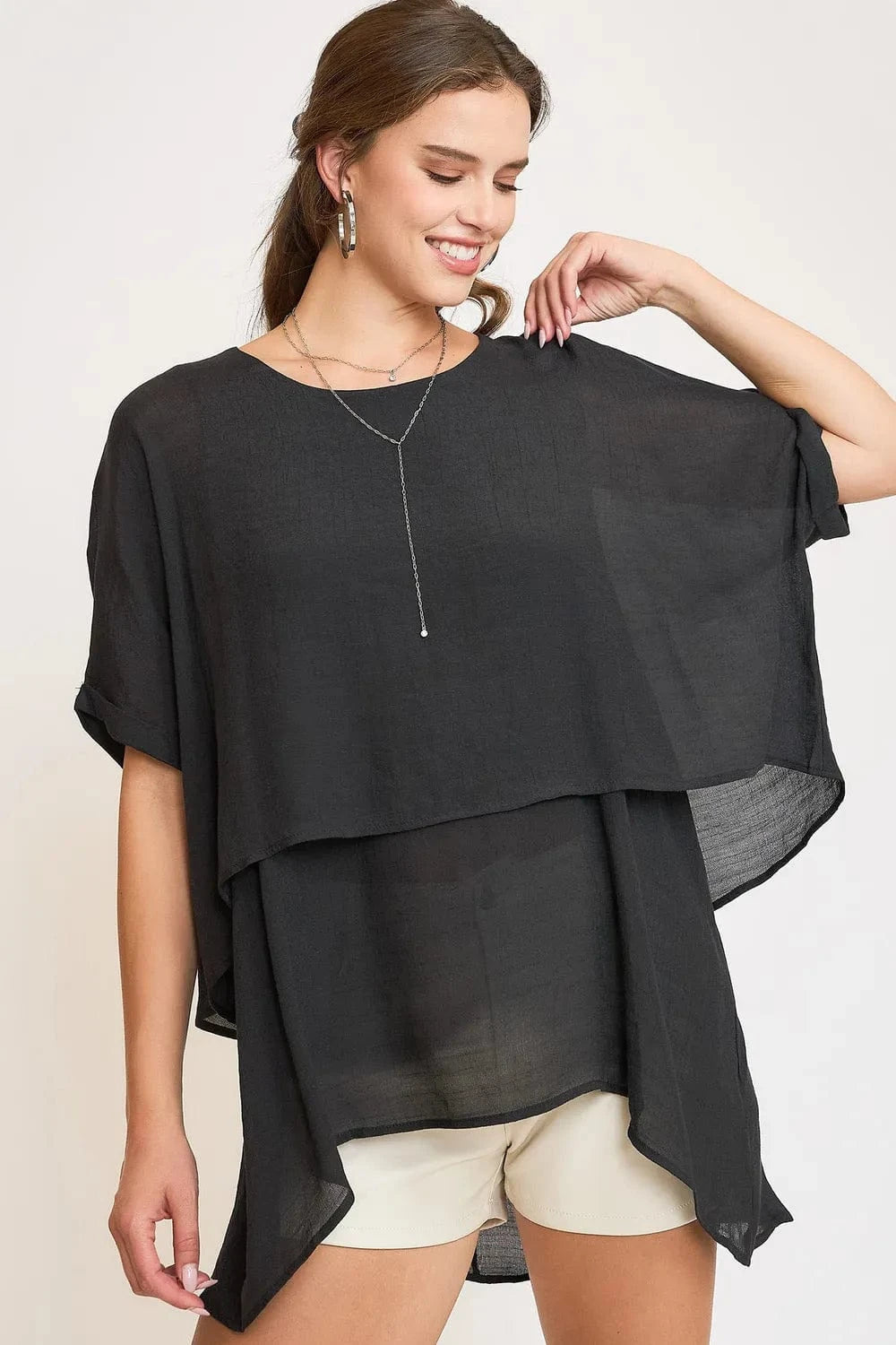 Umgee Full Size Cuffed Half Sleeve Layered Top Plus Size - ShalayeFashion