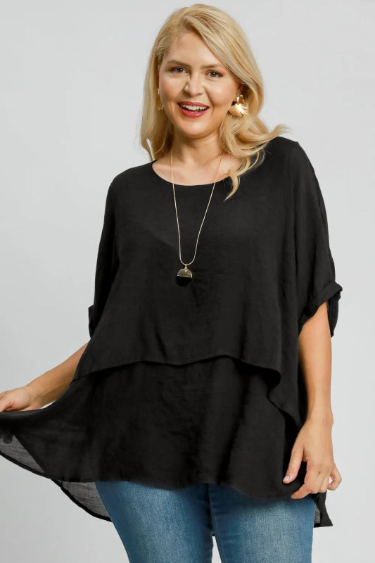 Umgee Full Size Cuffed Half Sleeve Layered Top Plus Size - ShalayeFashion