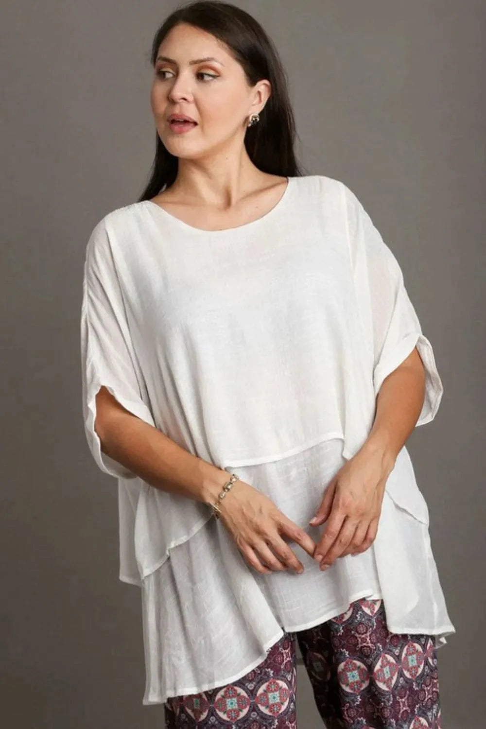 Umgee Full Size Cuffed Half Sleeve Layered Top Plus Size - ShalayeFashion