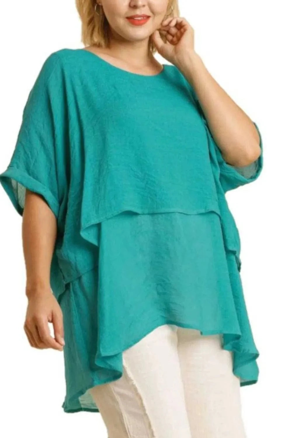 Umgee Full Size Cuffed Half Sleeve Layered Top Plus Size - ShalayeFashion
