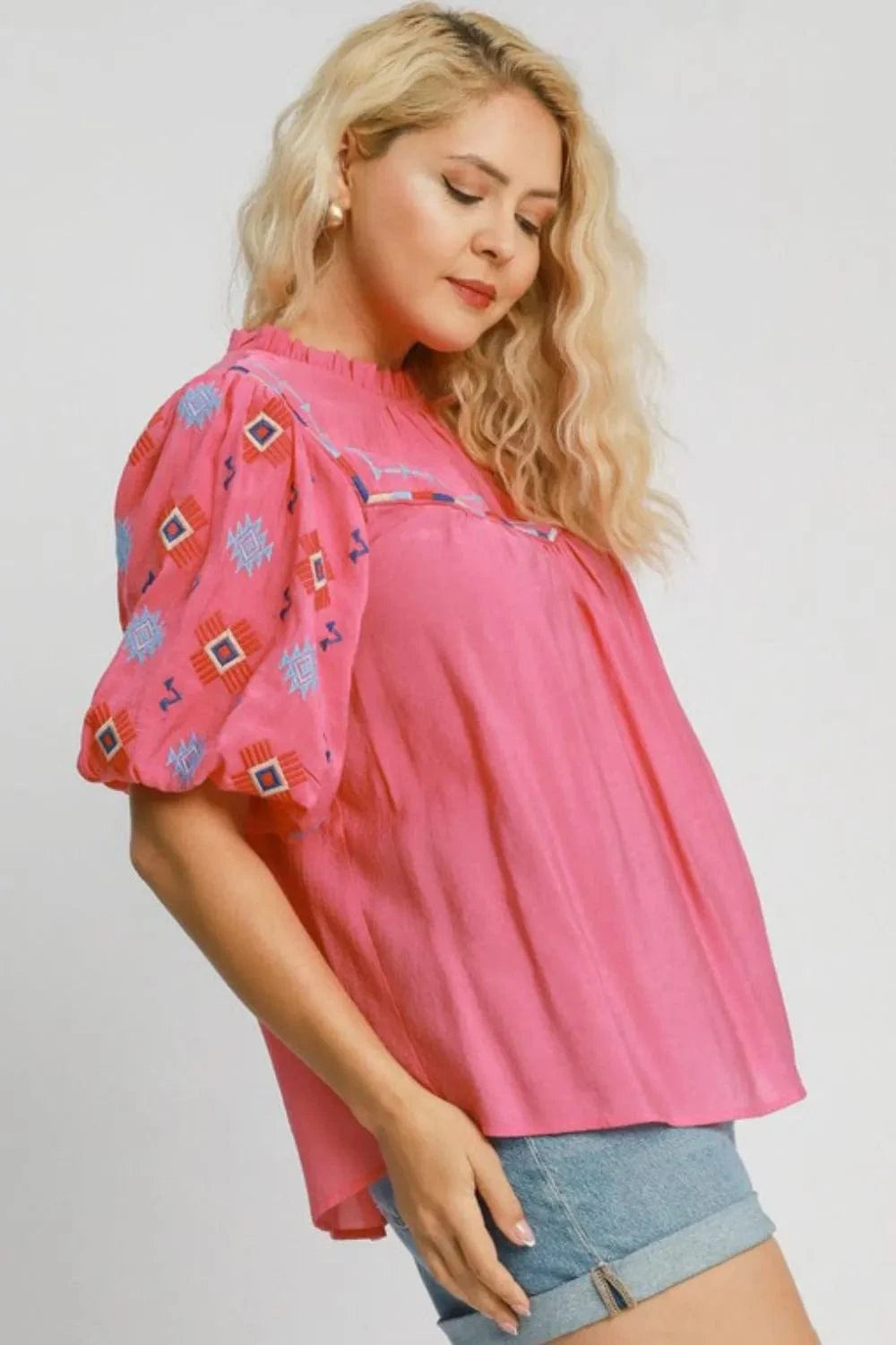 Umgee Full Size Embroidered Puff Sleeve Mock Neck Top Plus Size - ShalayeFashion