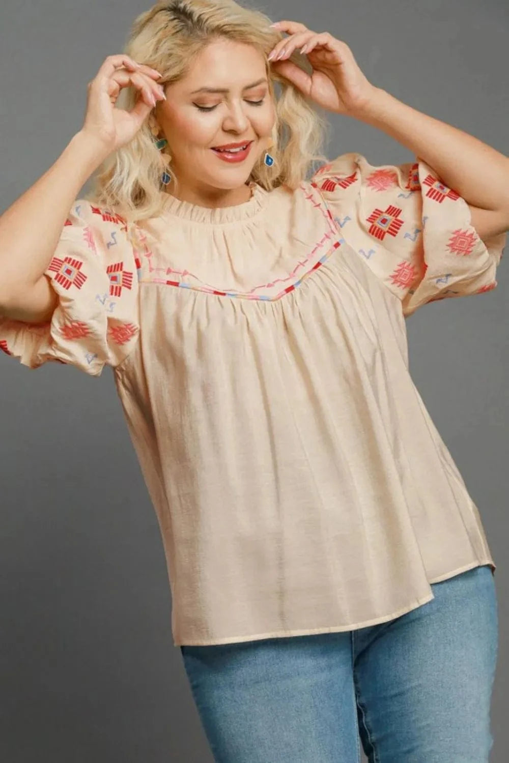 Umgee Full Size Embroidered Puff Sleeve Mock Neck Top Plus Size - ShalayeFashion