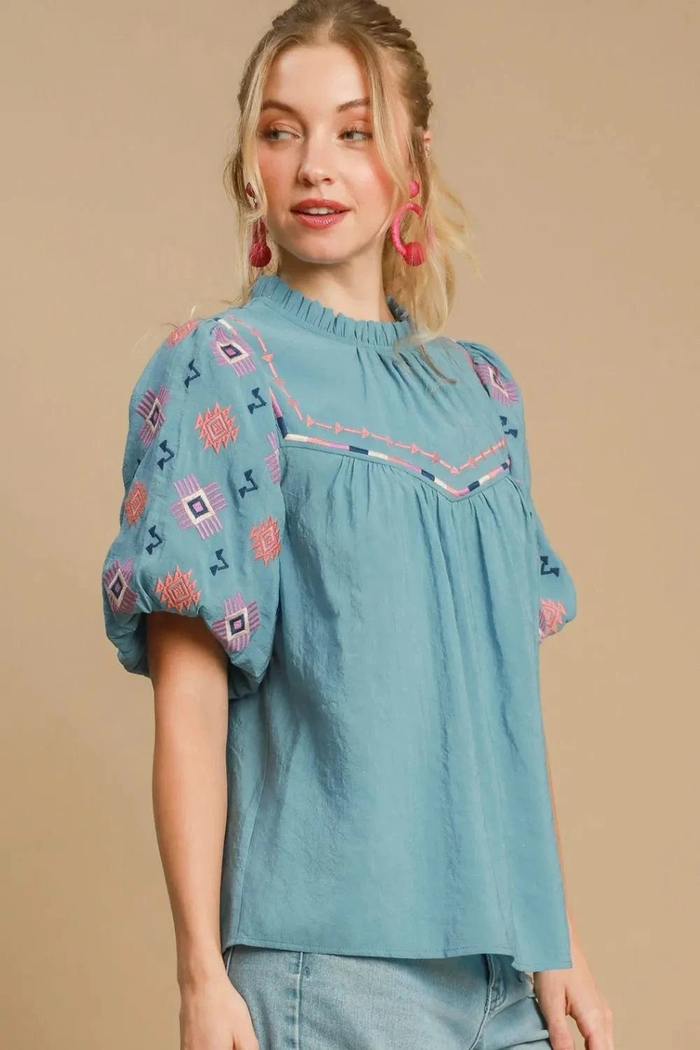 Umgee Full Size Embroidered Puff Sleeve Mock Neck Top Plus Size - ShalayeFashion