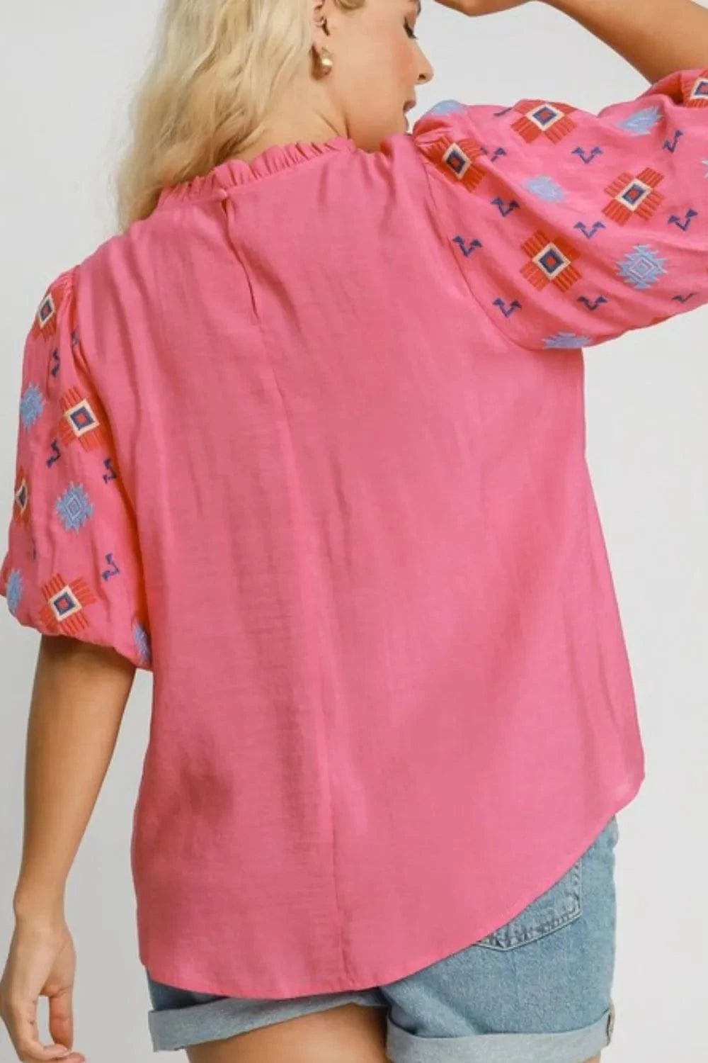 Umgee Full Size Embroidered Puff Sleeve Mock Neck Top Plus Size - ShalayeFashion