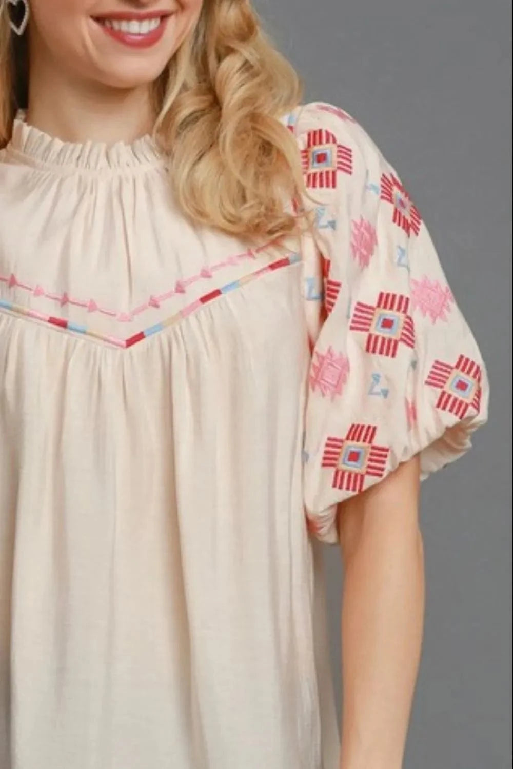 Umgee Full Size Embroidered Puff Sleeve Mock Neck Top Plus Size - ShalayeFashion