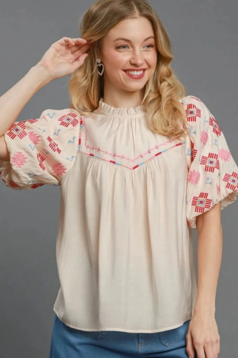 Umgee Full Size Embroidered Puff Sleeve Mock Neck Top Plus Size - ShalayeFashion