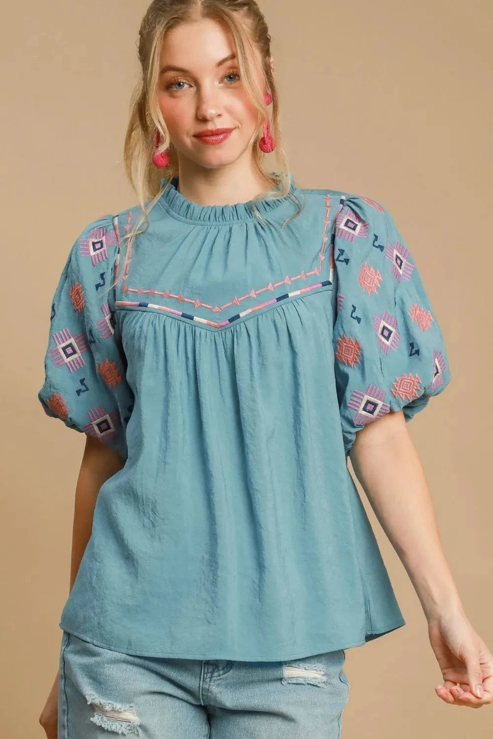 Umgee Full Size Embroidered Puff Sleeve Mock Neck Top Plus Size - ShalayeFashion