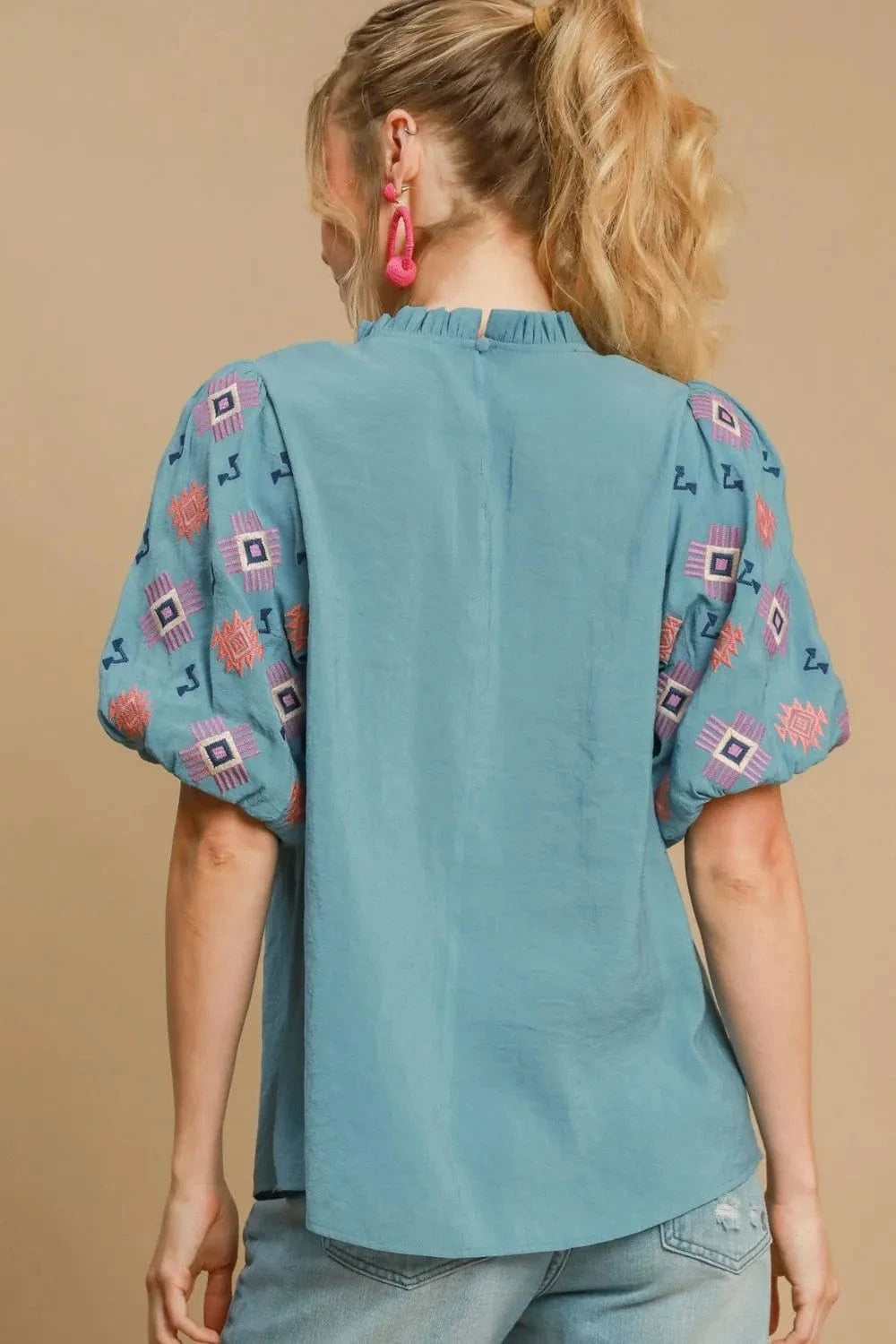 Umgee Full Size Embroidered Puff Sleeve Mock Neck Top Plus Size - ShalayeFashion