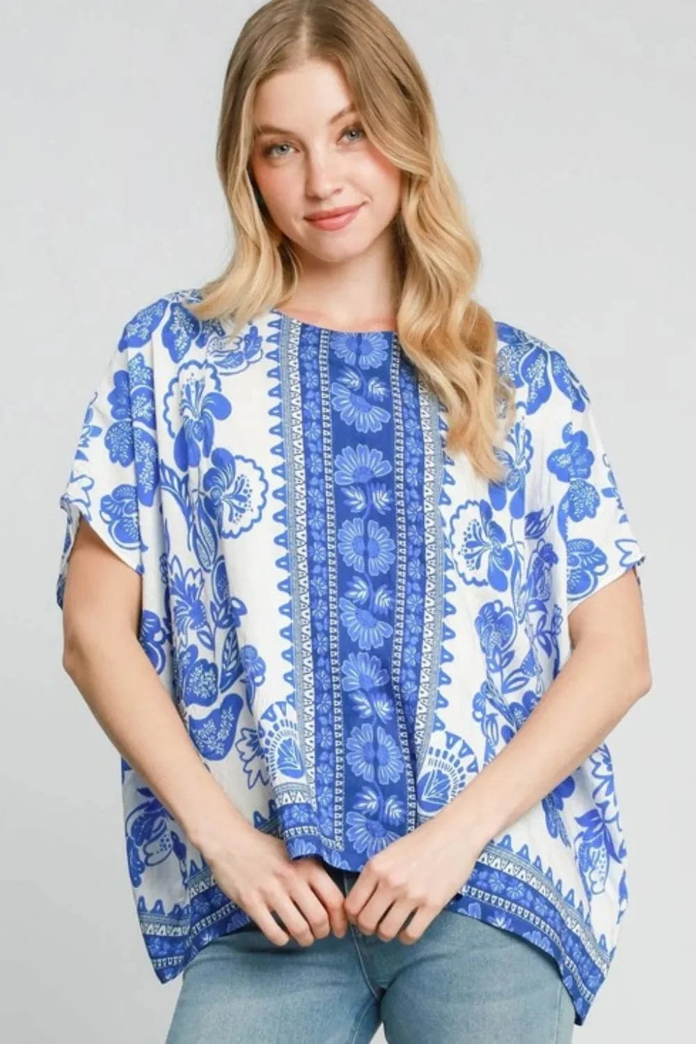 Umgee Full Size Floral Border Print Oversized Top Plus Size - ShalayeFashion