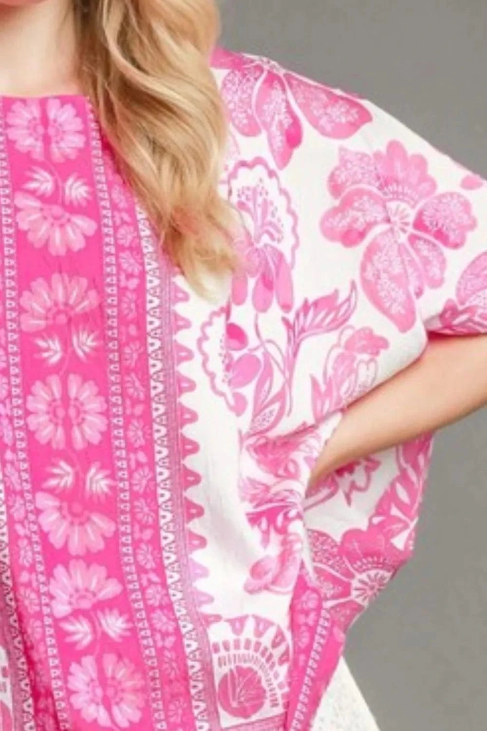 Umgee Full Size Floral Border Print Oversized Top Plus Size - ShalayeFashion