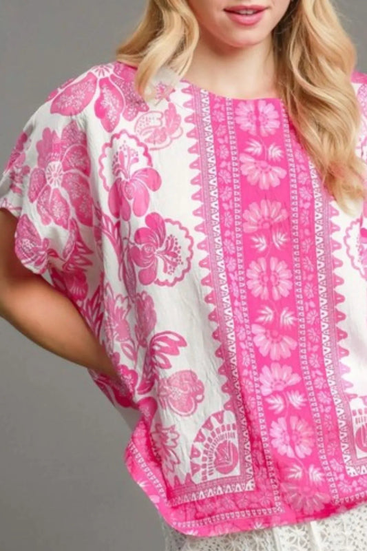 Umgee Full Size Floral Border Print Oversized Top Plus Size - ShalayeFashion