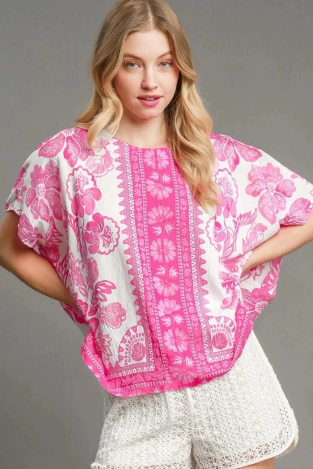 Umgee Full Size Floral Border Print Oversized Top Plus Size - ShalayeFashion