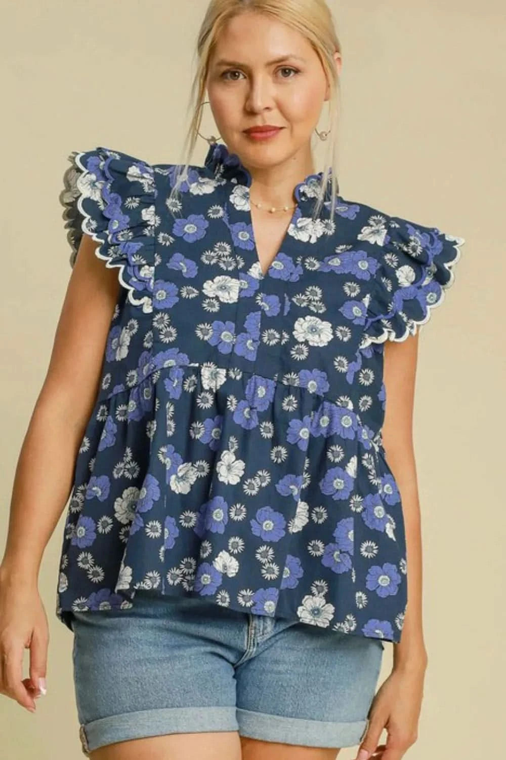 Umgee Full Size Floral Print Peplum Top Plus Size - ShalayeFashion