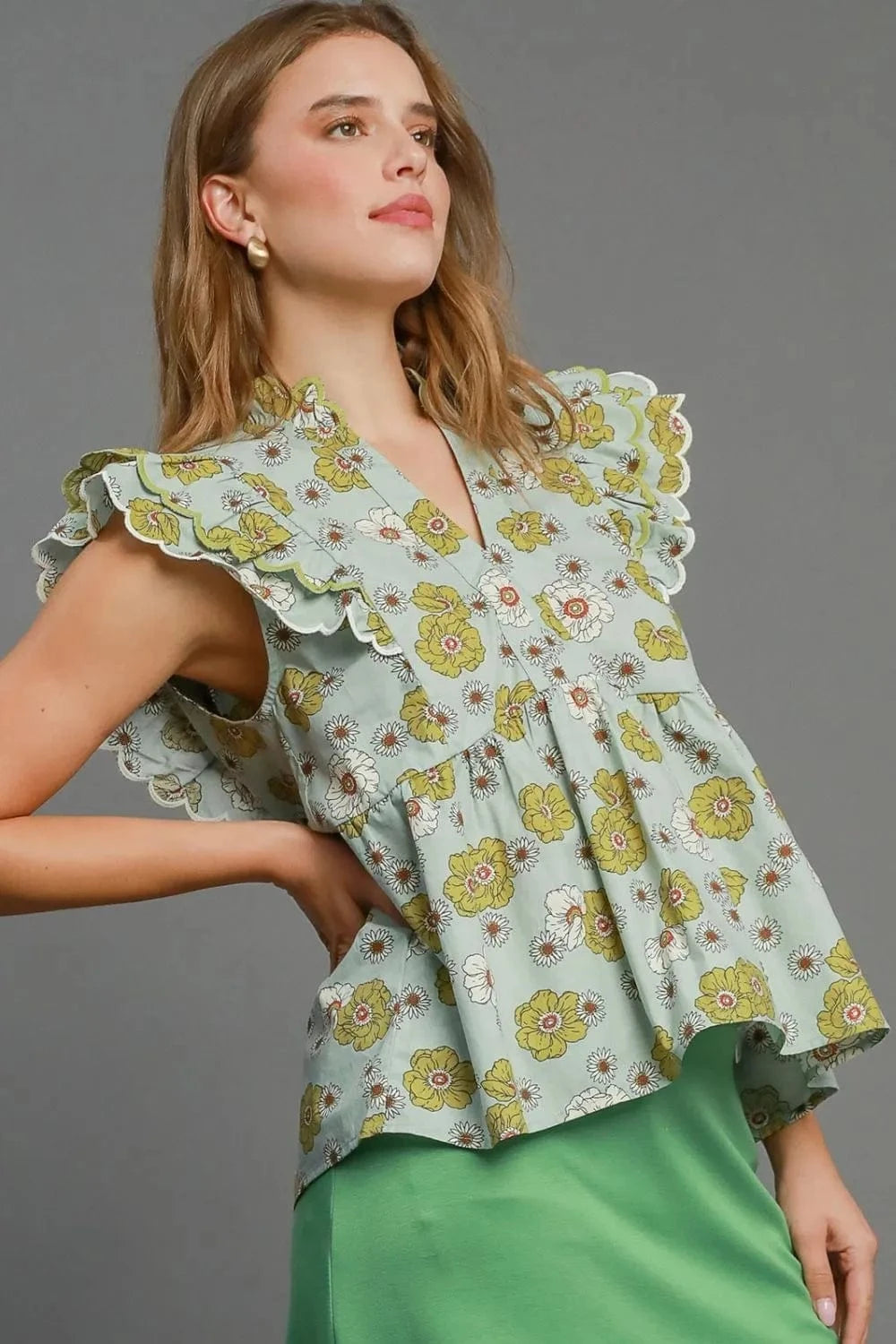 Umgee Full Size Floral Print Peplum Top Plus Size - ShalayeFashion