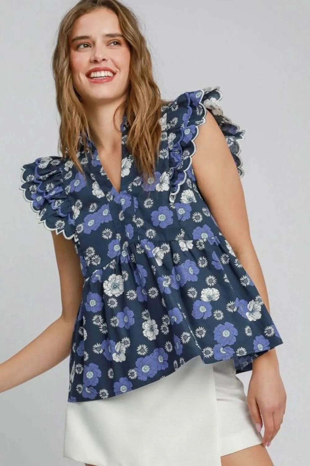 Umgee Full Size Floral Print Peplum Top Plus Size - ShalayeFashion