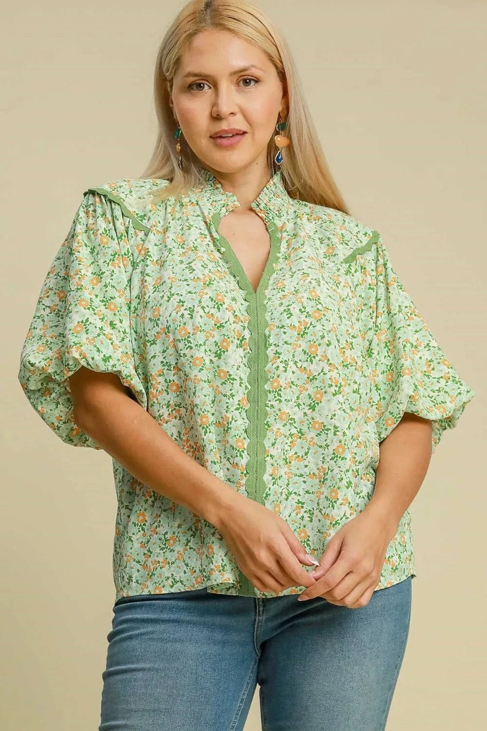 Umgee Full Size Floral Print Puff Sleeve Top Plus Size - ShalayeFashion