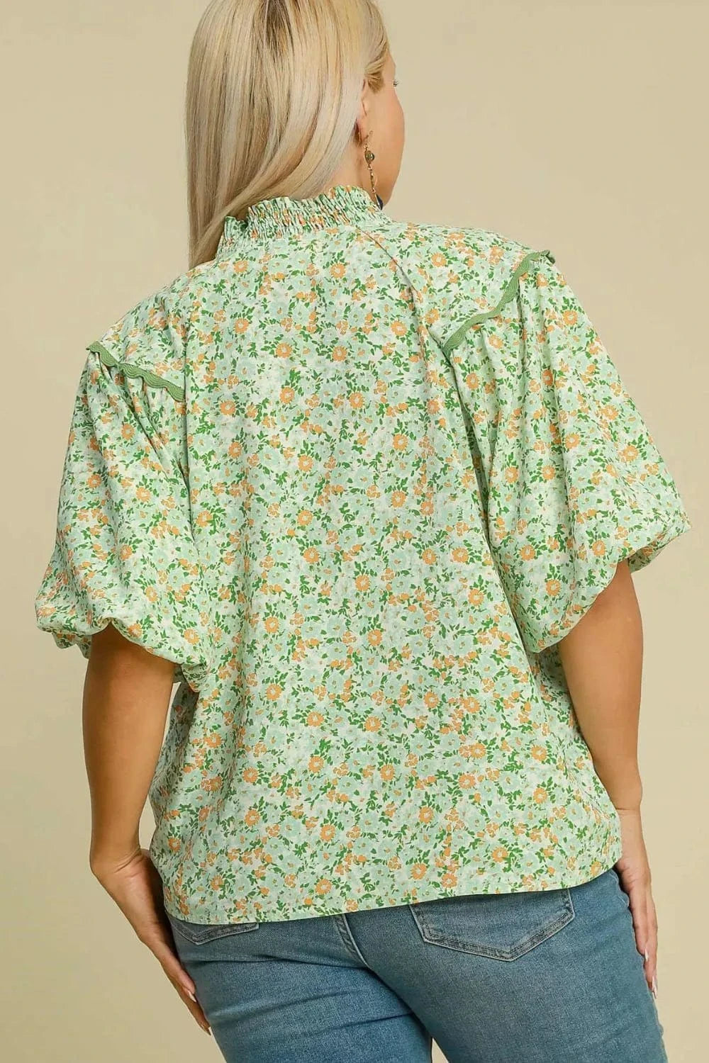 Umgee Full Size Floral Print Puff Sleeve Top Plus Size - ShalayeFashion