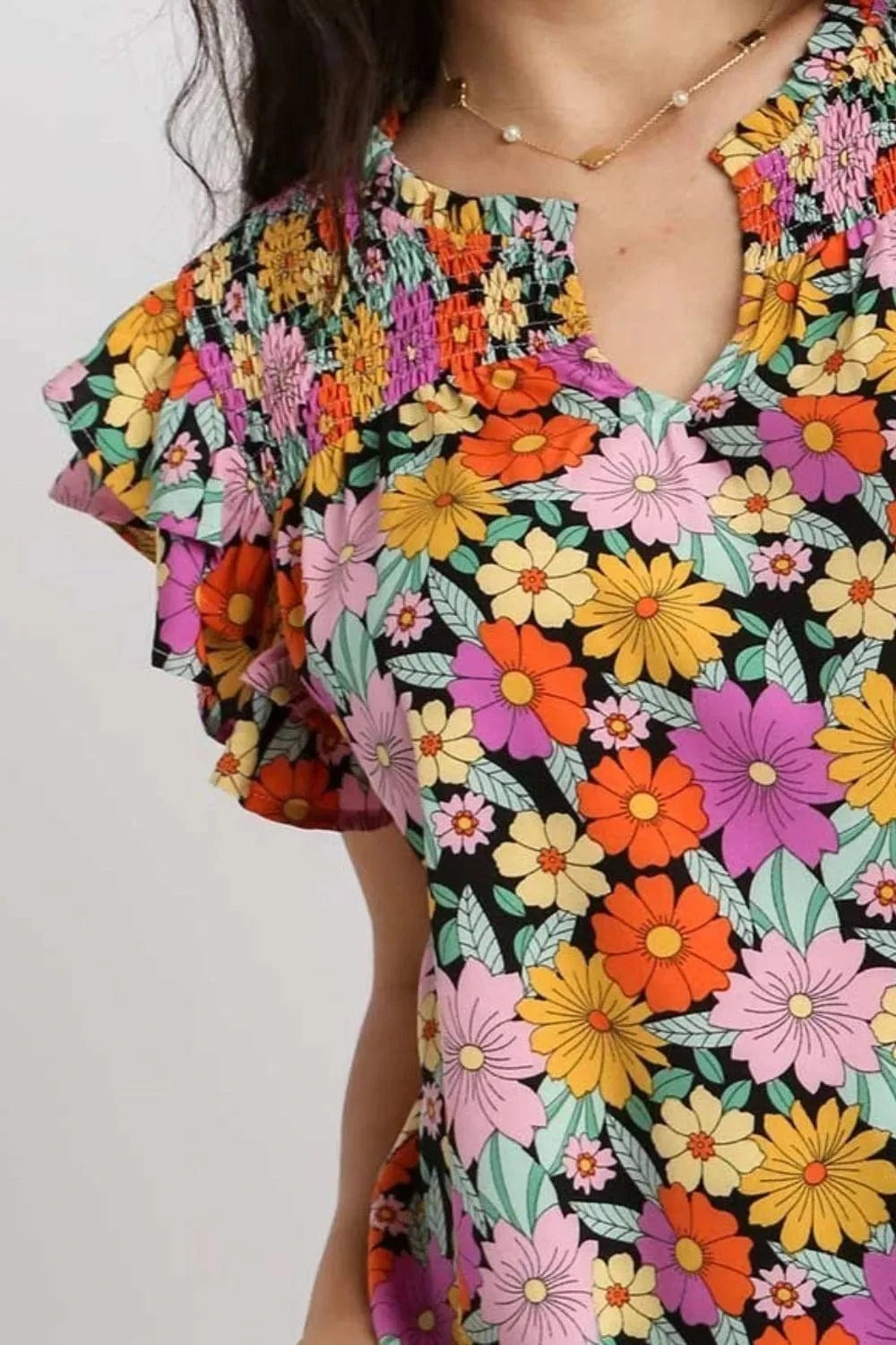 Umgee Full Size Floral Printed Smocked Top Plus Size - ShalayeFashion