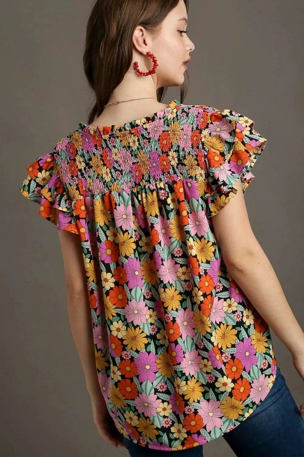 Umgee Full Size Floral Printed Smocked Top Plus Size - ShalayeFashion