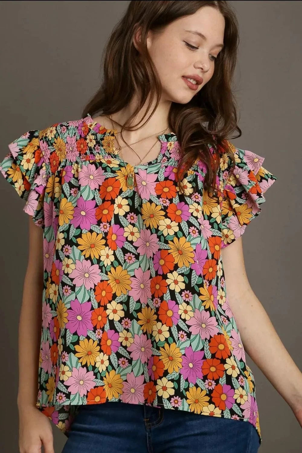Umgee Full Size Floral Printed Smocked Top Plus Size - ShalayeFashion