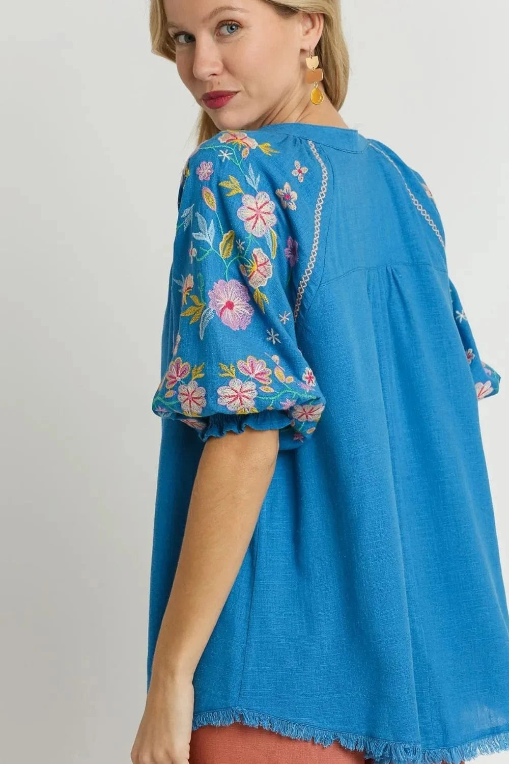 Umgee Full Size Half Button Top with Embroidery Sleeves Plus Size - ShalayeFashion