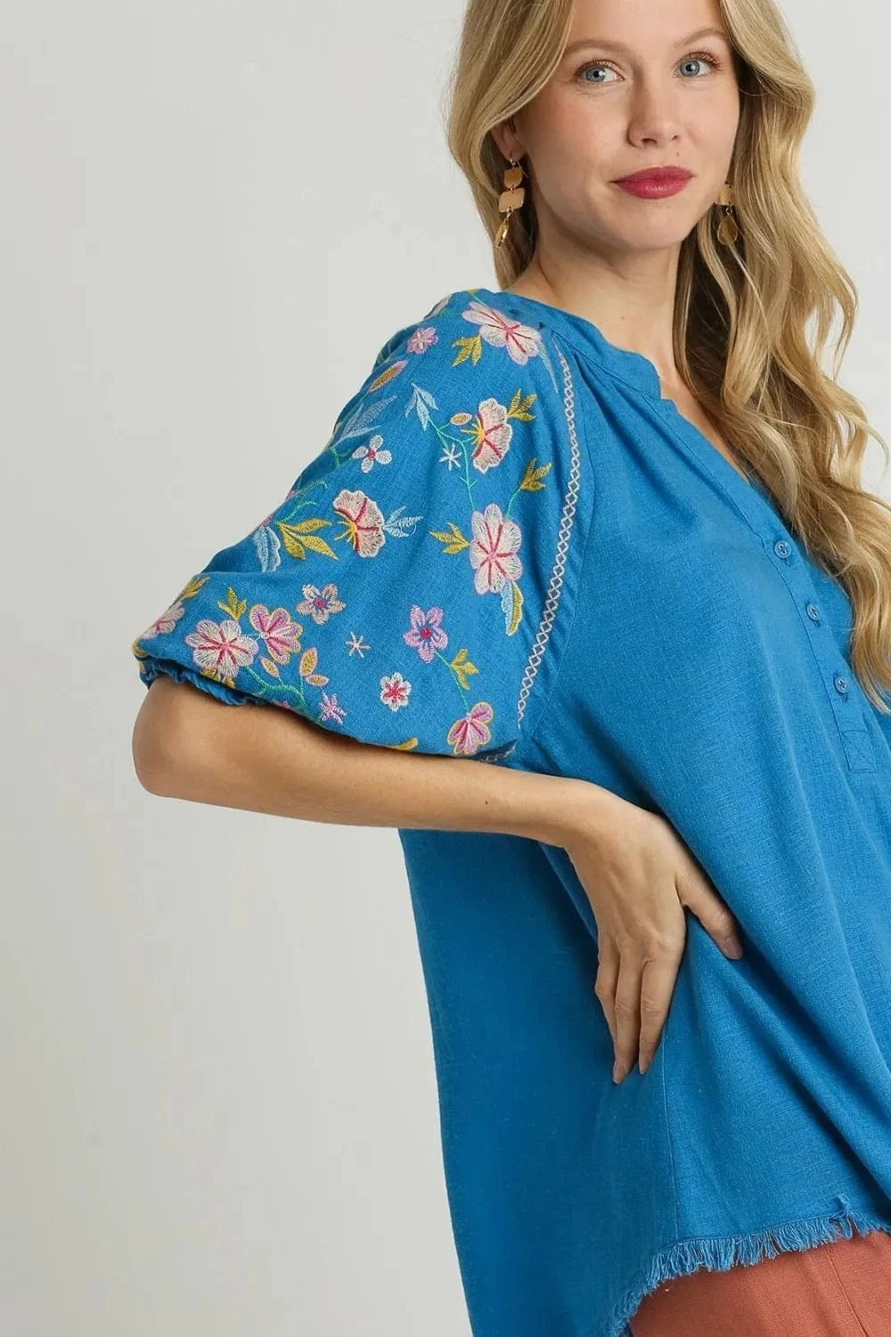 Umgee Full Size Half Button Top with Embroidery Sleeves Plus Size - ShalayeFashion