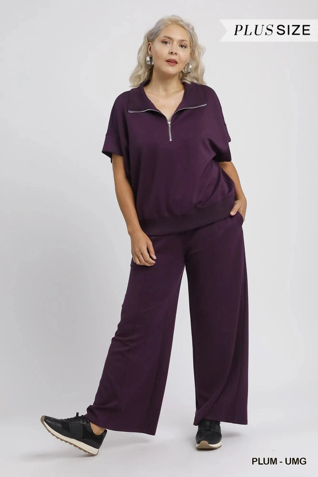 Umgee Full Size Half - Zip Short Sleeve Top Plus Size - ShalayeFashion