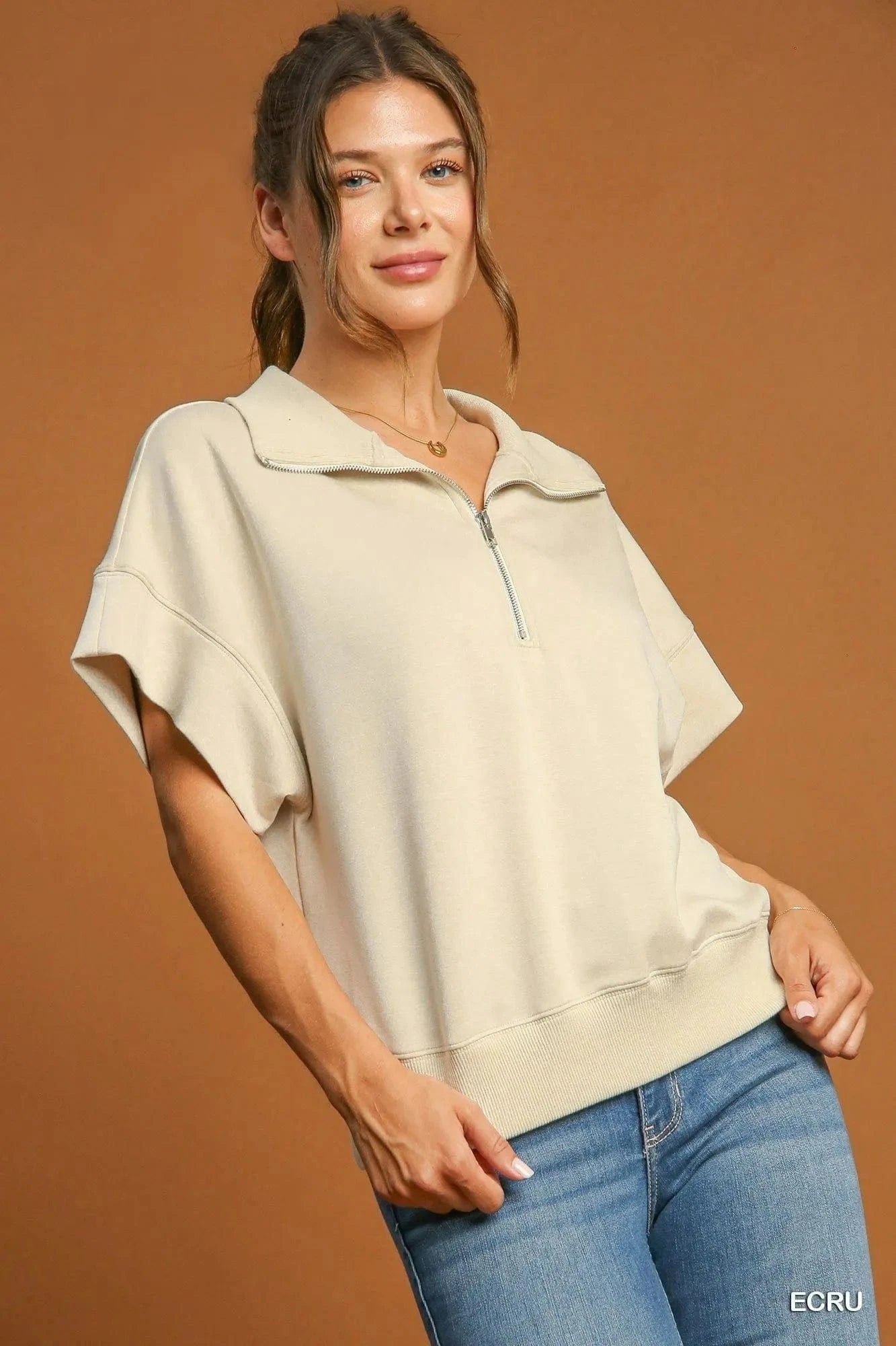 Umgee Full Size Half - Zip Short Sleeve Top Plus Size - ShalayeFashion