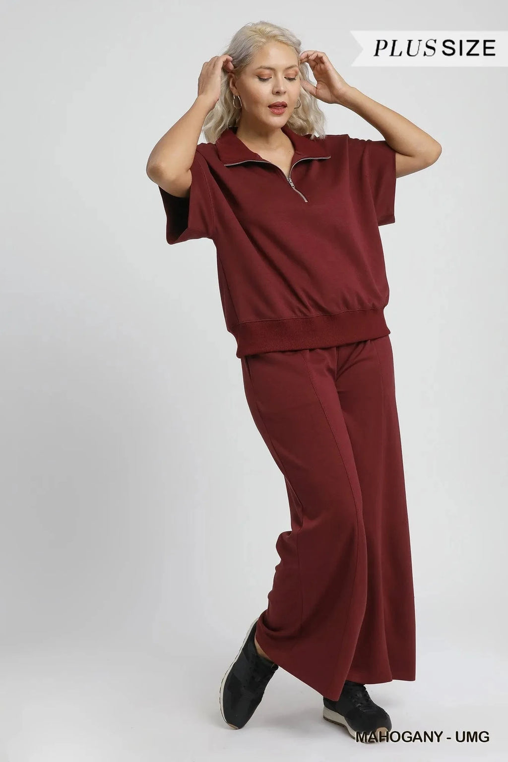 Umgee Full Size Half - Zip Short Sleeve Top Plus Size - ShalayeFashion