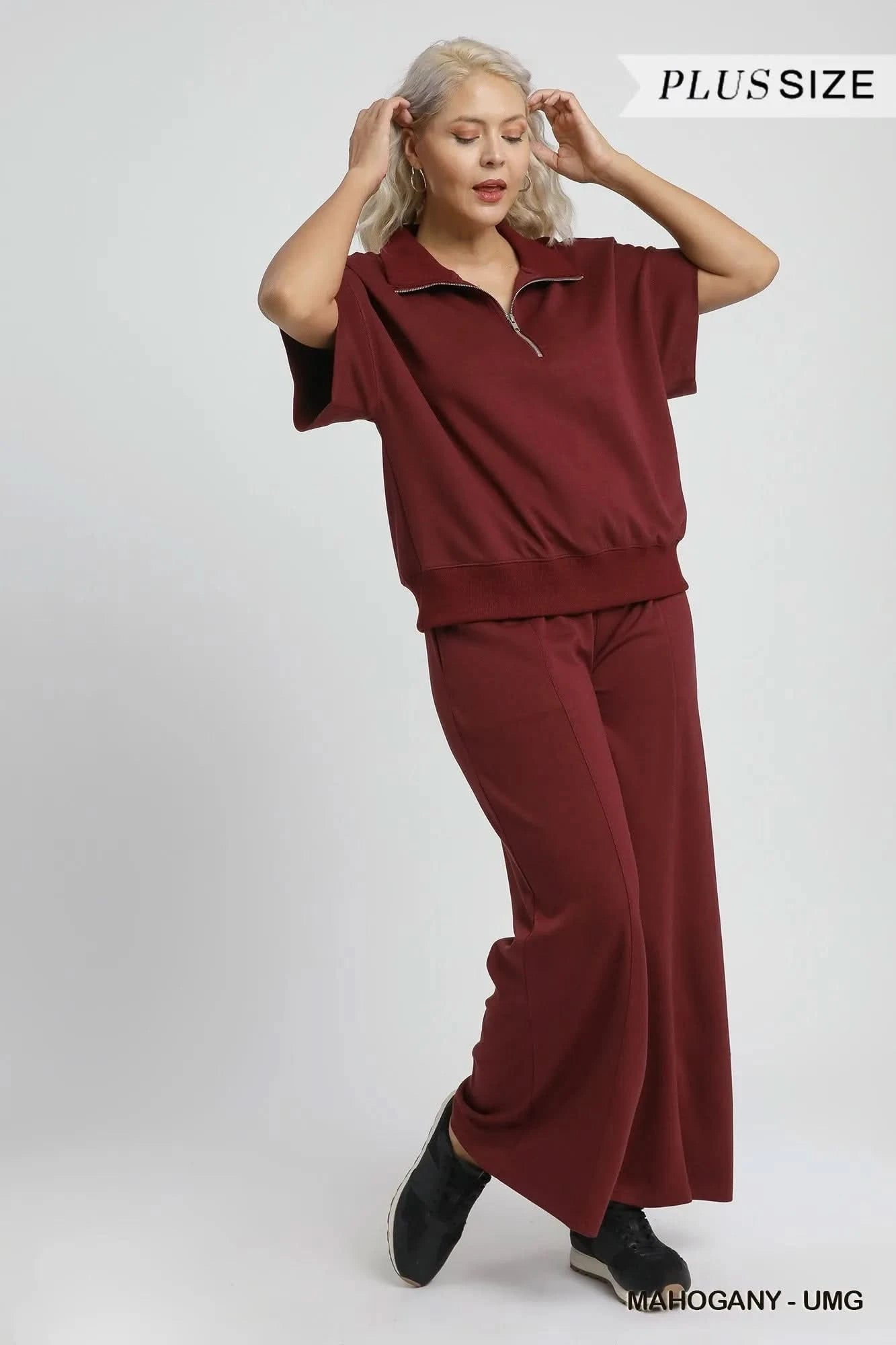 Umgee Full Size Half - Zip Short Sleeve Top Plus Size - ShalayeFashion