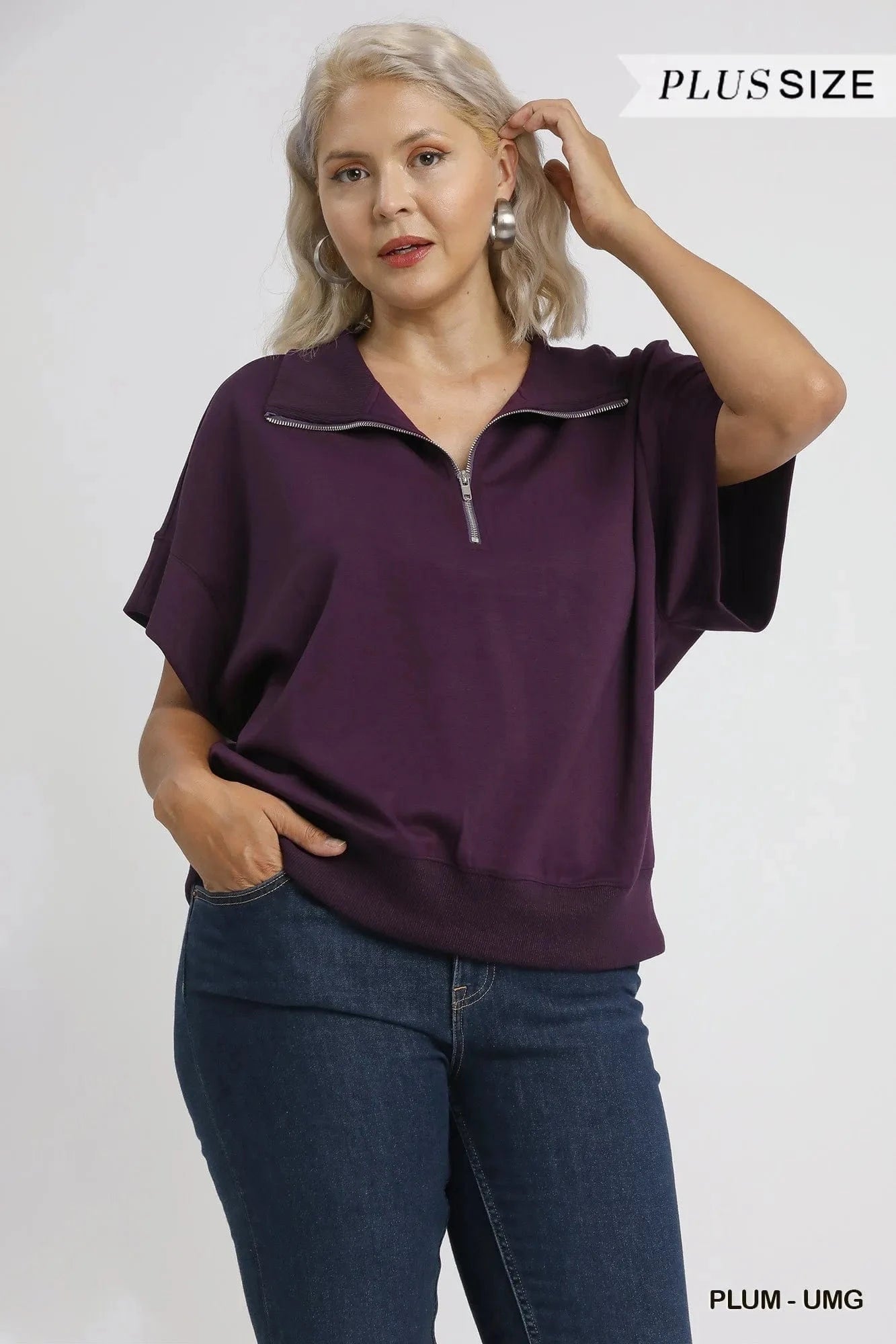 Umgee Full Size Half - Zip Short Sleeve Top Plus Size - ShalayeFashion