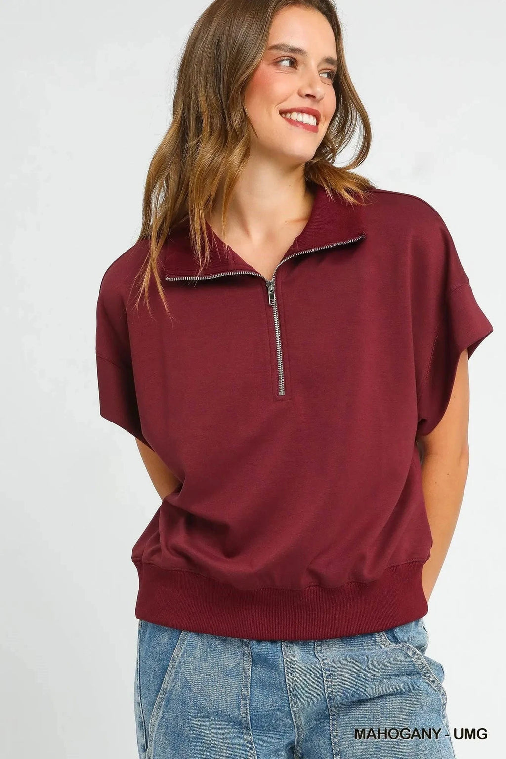 Umgee Full Size Half - Zip Short Sleeve Top Plus Size - ShalayeFashion