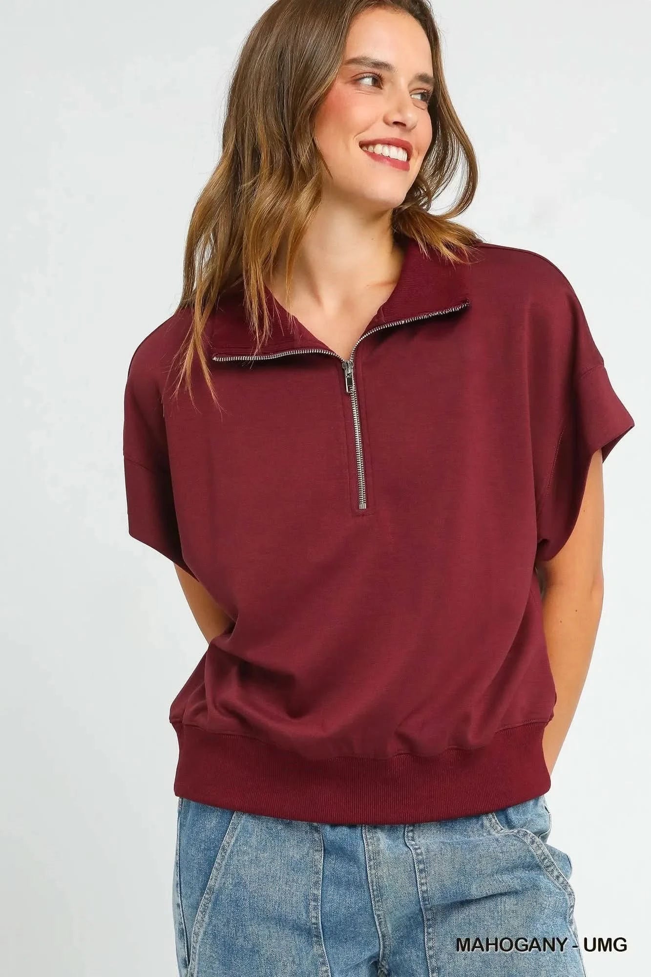 Umgee Full Size Half - Zip Short Sleeve Top Plus Size - ShalayeFashion
