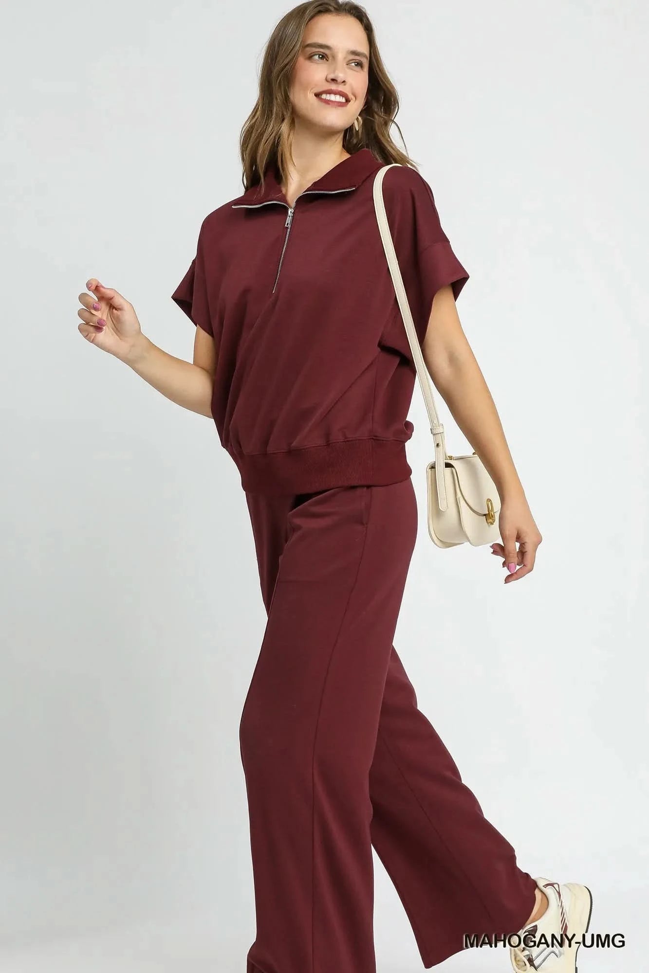 Umgee Full Size Half - Zip Short Sleeve Top Plus Size - ShalayeFashion
