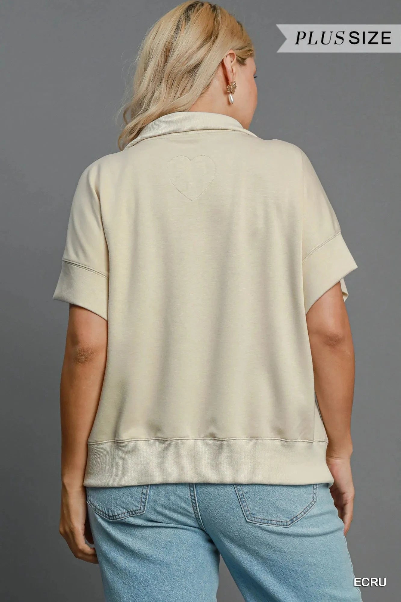 Umgee Full Size Half - Zip Short Sleeve Top Plus Size - ShalayeFashion