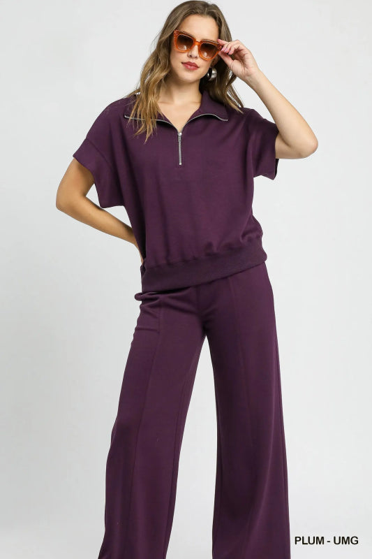 Umgee Full Size Half - Zip Short Sleeve Top Plus Size - ShalayeFashion