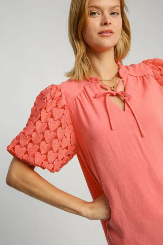 Umgee Full Size Heart Lace Sleeve Ruffle Collar Top Plus Size - ShalayeFashion