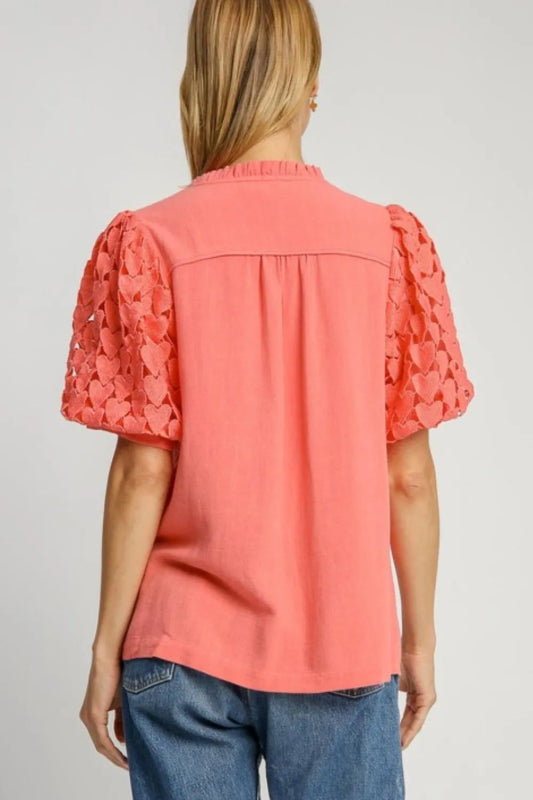 Umgee Full Size Heart Lace Sleeve Ruffle Collar Top Plus Size - ShalayeFashion